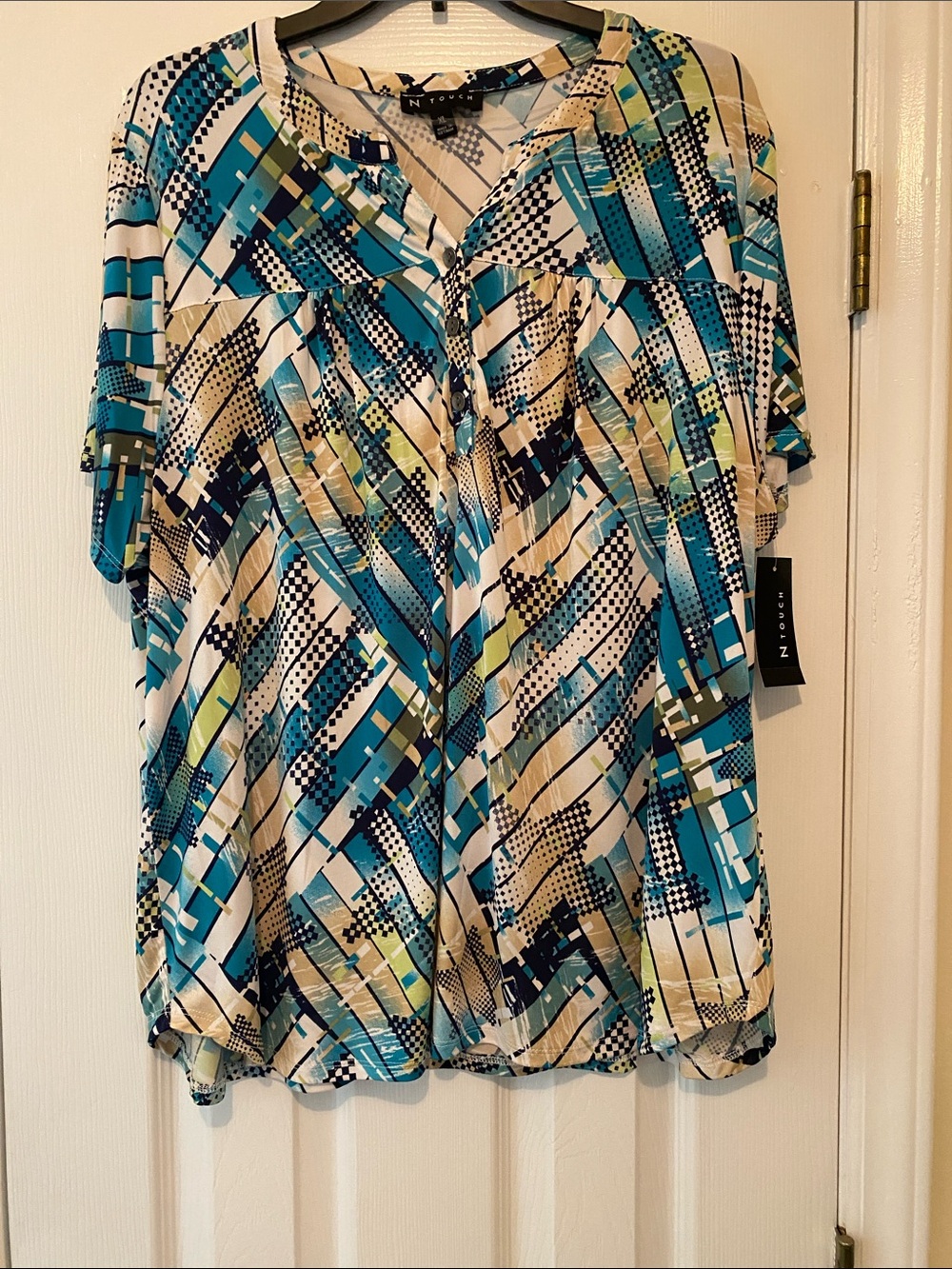N Touch   Teal and Cream Geometric Short Sleeve Blouse